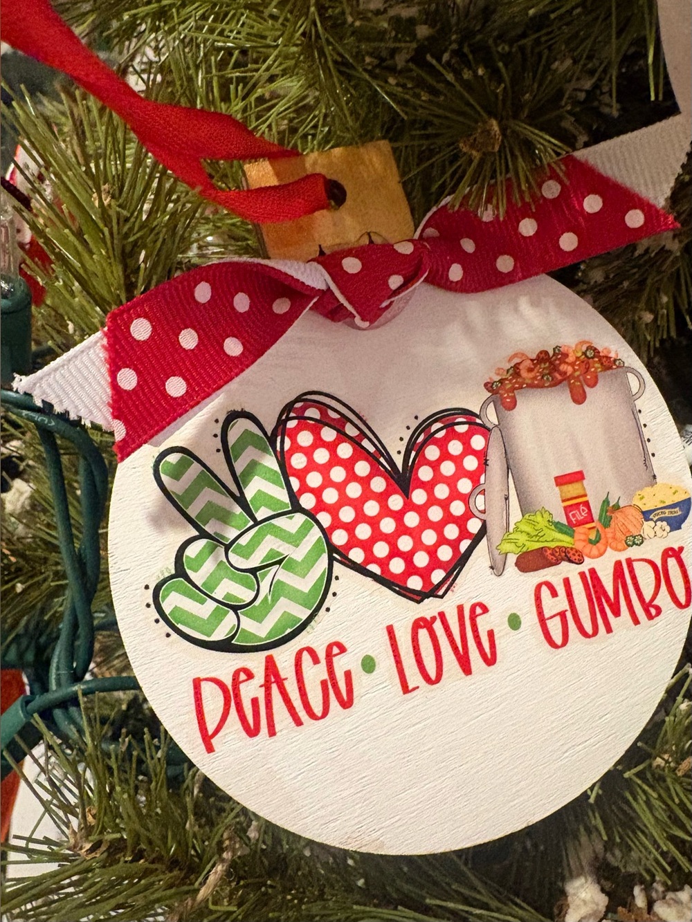 Peace Love Gumbo Holiday Ornament - Red & Green Wooden